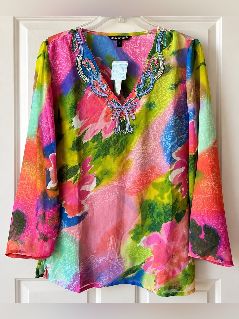 Chaudry Multi Watercolor Sheer Sequin Beaded Top Tunic Boho NWT S #1085